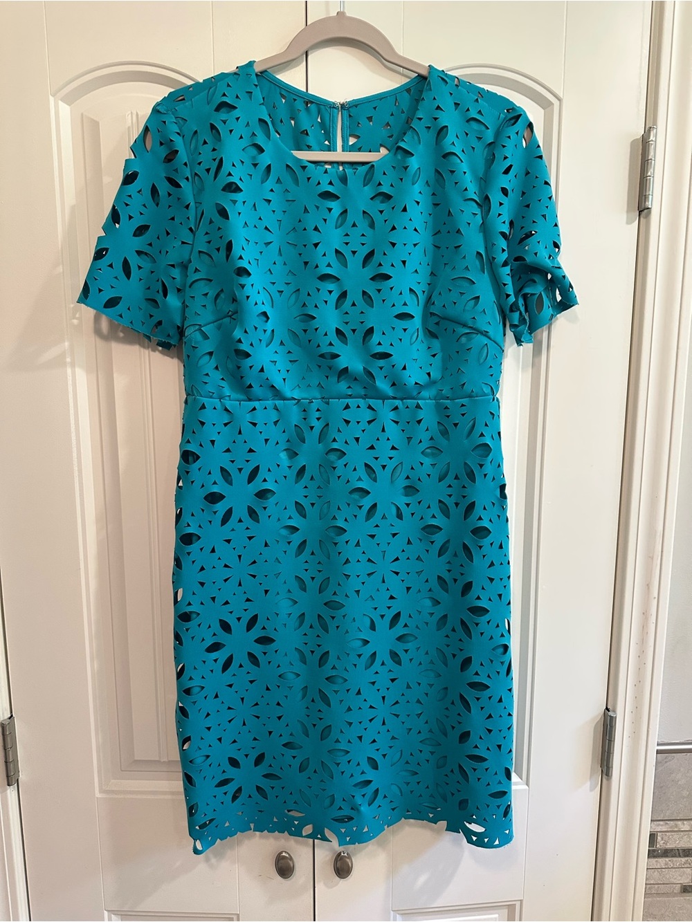 Trina Turk Teal Laser-Cut Mini Dress